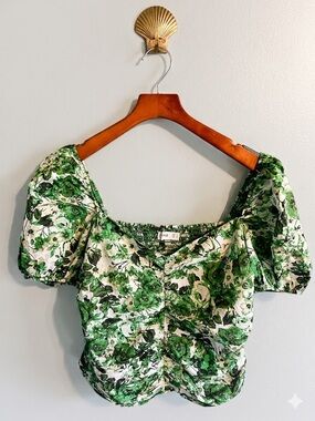 Mango MNG Green Floral Ruched Sweetheart Puff Sleeve Blouse 8 Side Zipper